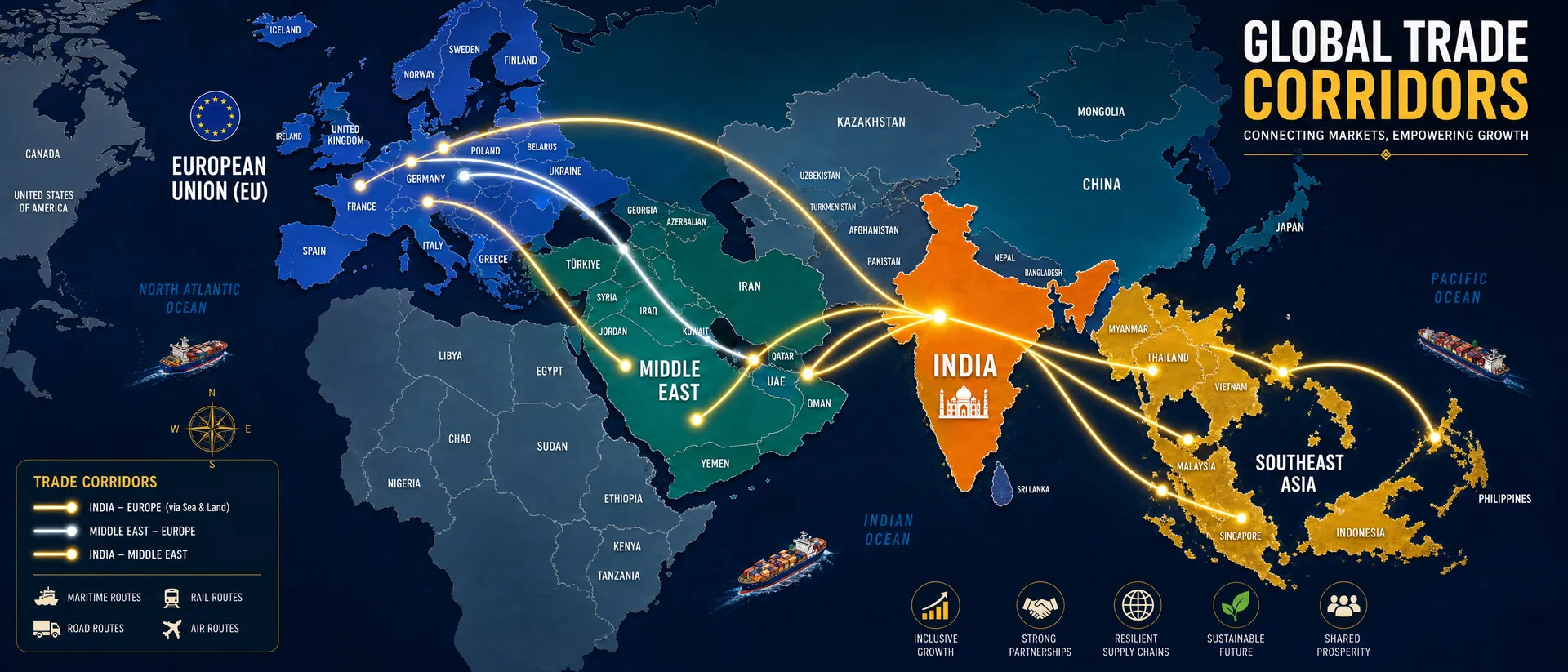 Global trade corridors connecting EU, Middle East, India and Southeast Asia