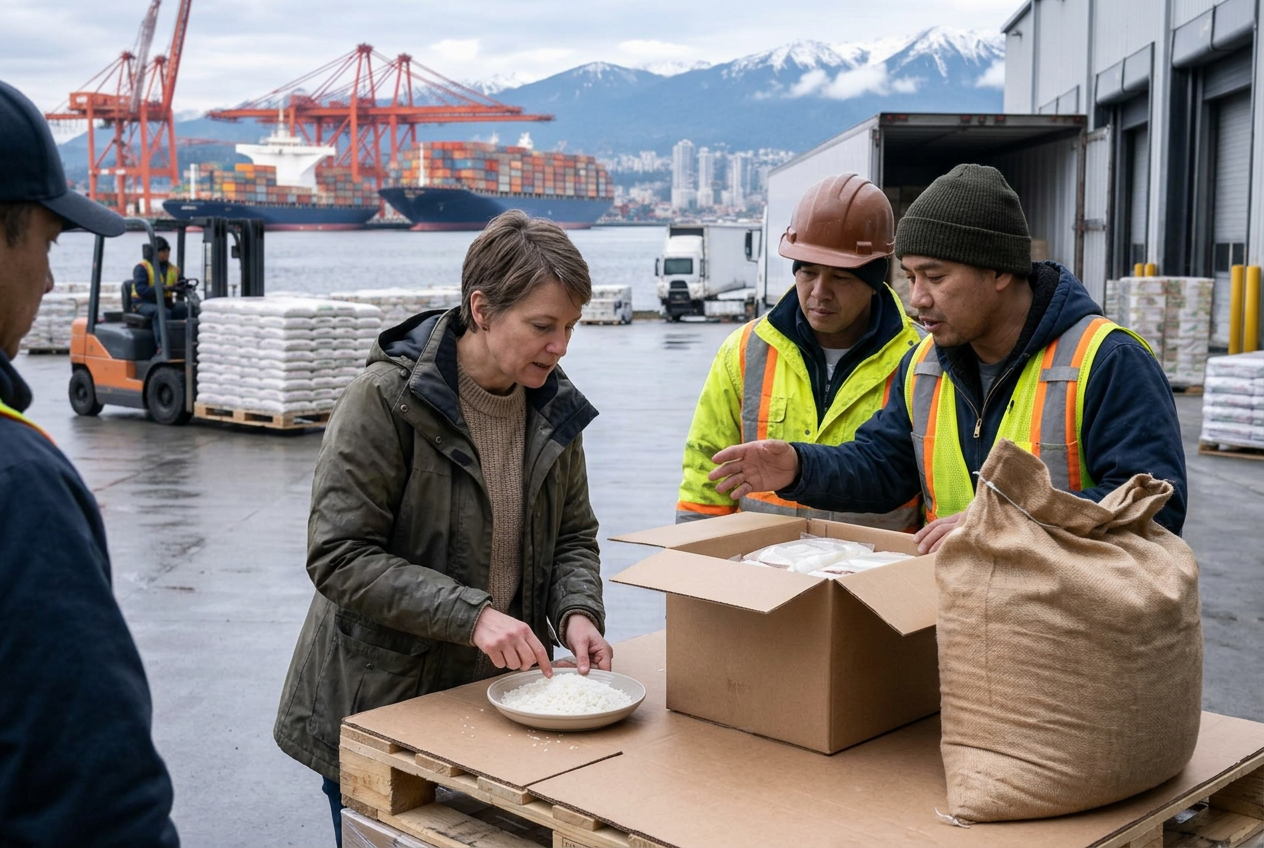 Illustrative import scene: Rice and coconut products received at a Canadian warehouse
