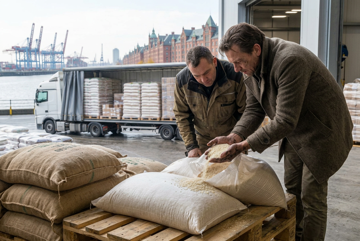 Illustrative import scene: Rice and coffee loaded into a German distributor warehouse