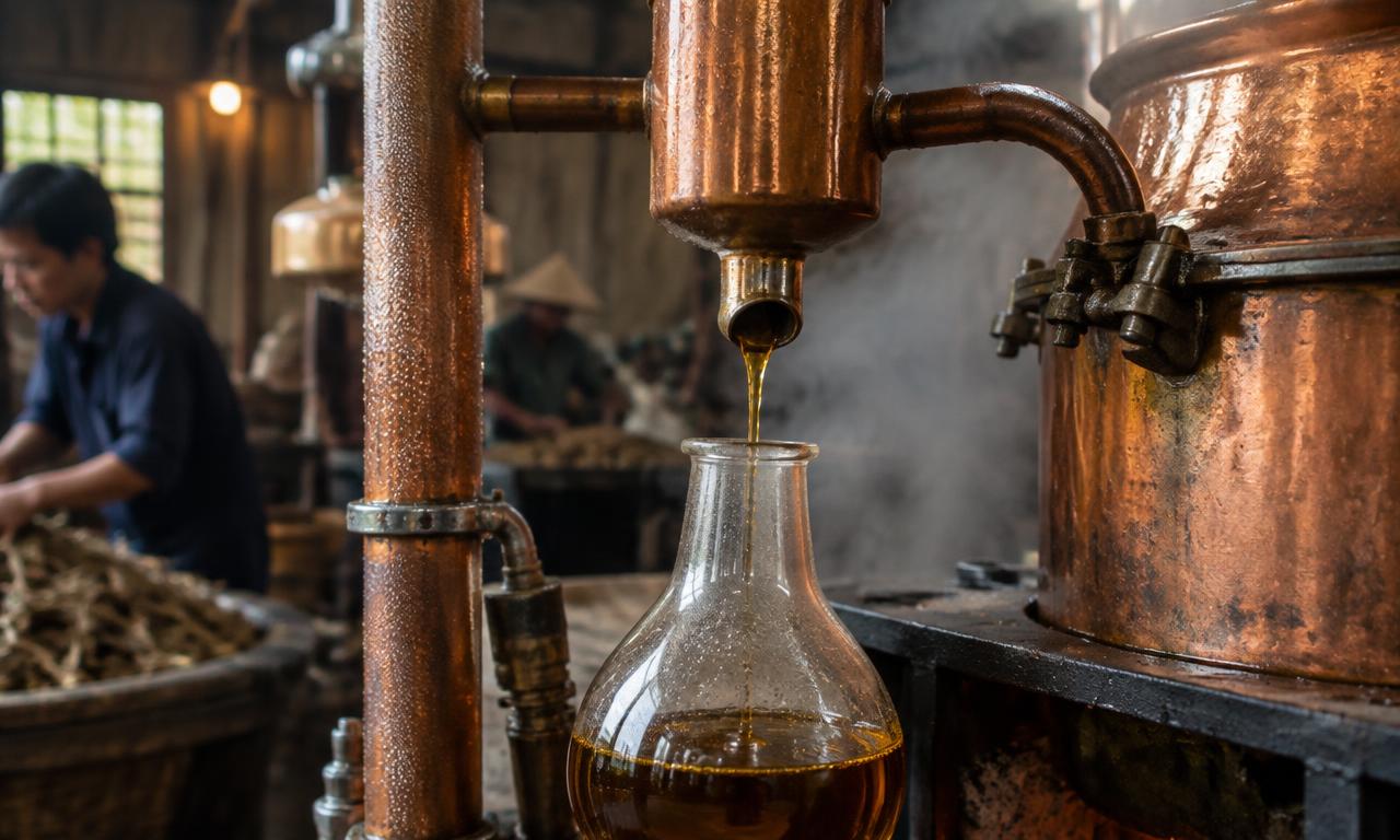 Hydro-distillation — the still releasing fresh oud oil