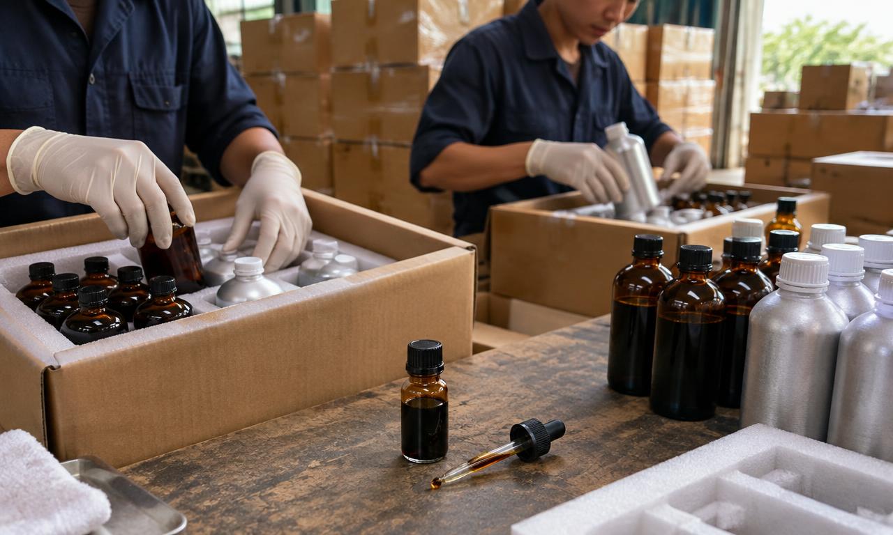 Bulk oil packed in amber bottles and canisters for export
