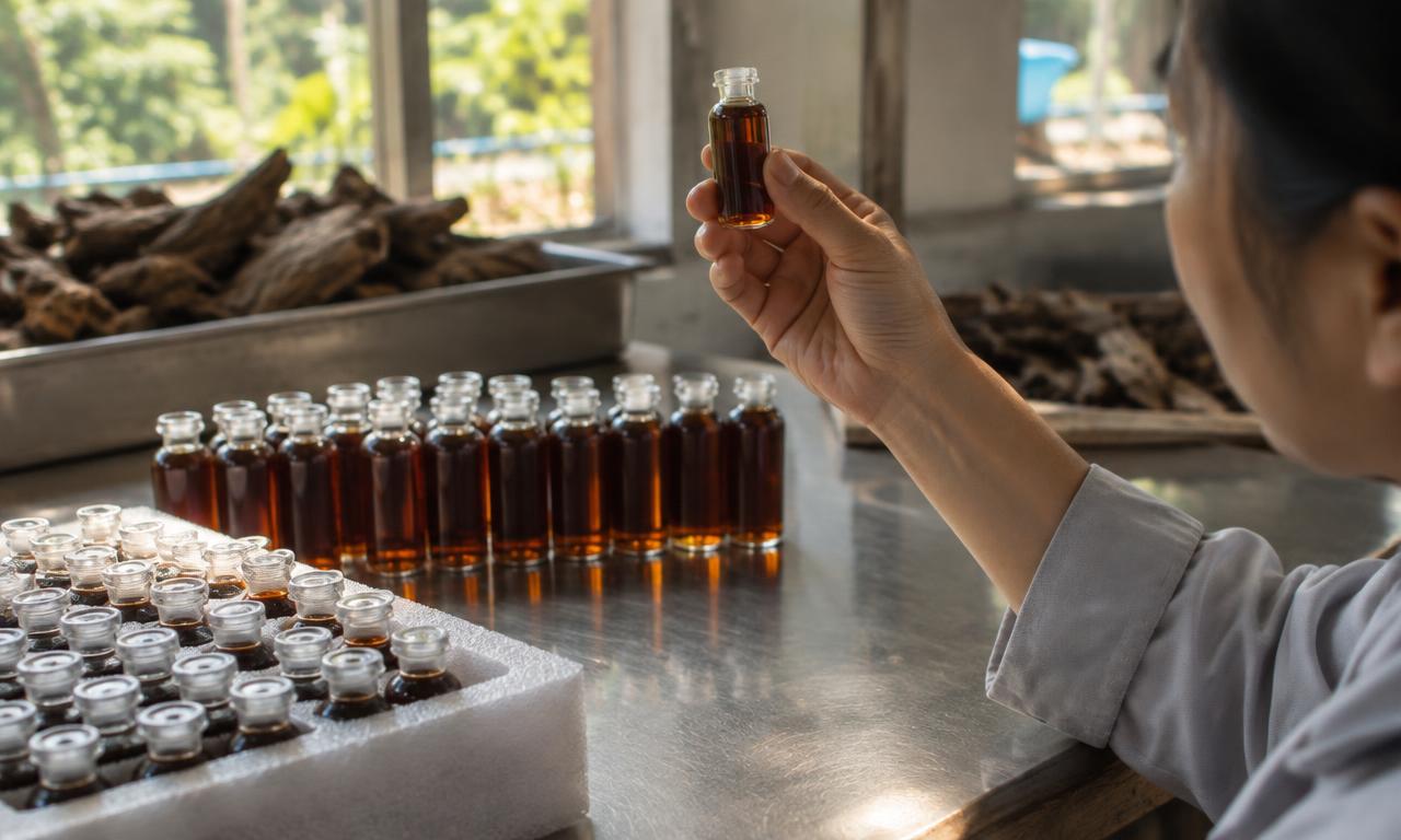 Grading oud oil by colour and viscosity, tola by tola