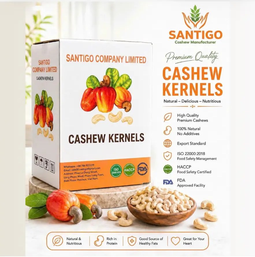 Santigo cashew kernels retail box with certifications