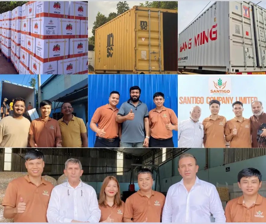 Cashew cartons, shipping containers and the Santigo team with buyers