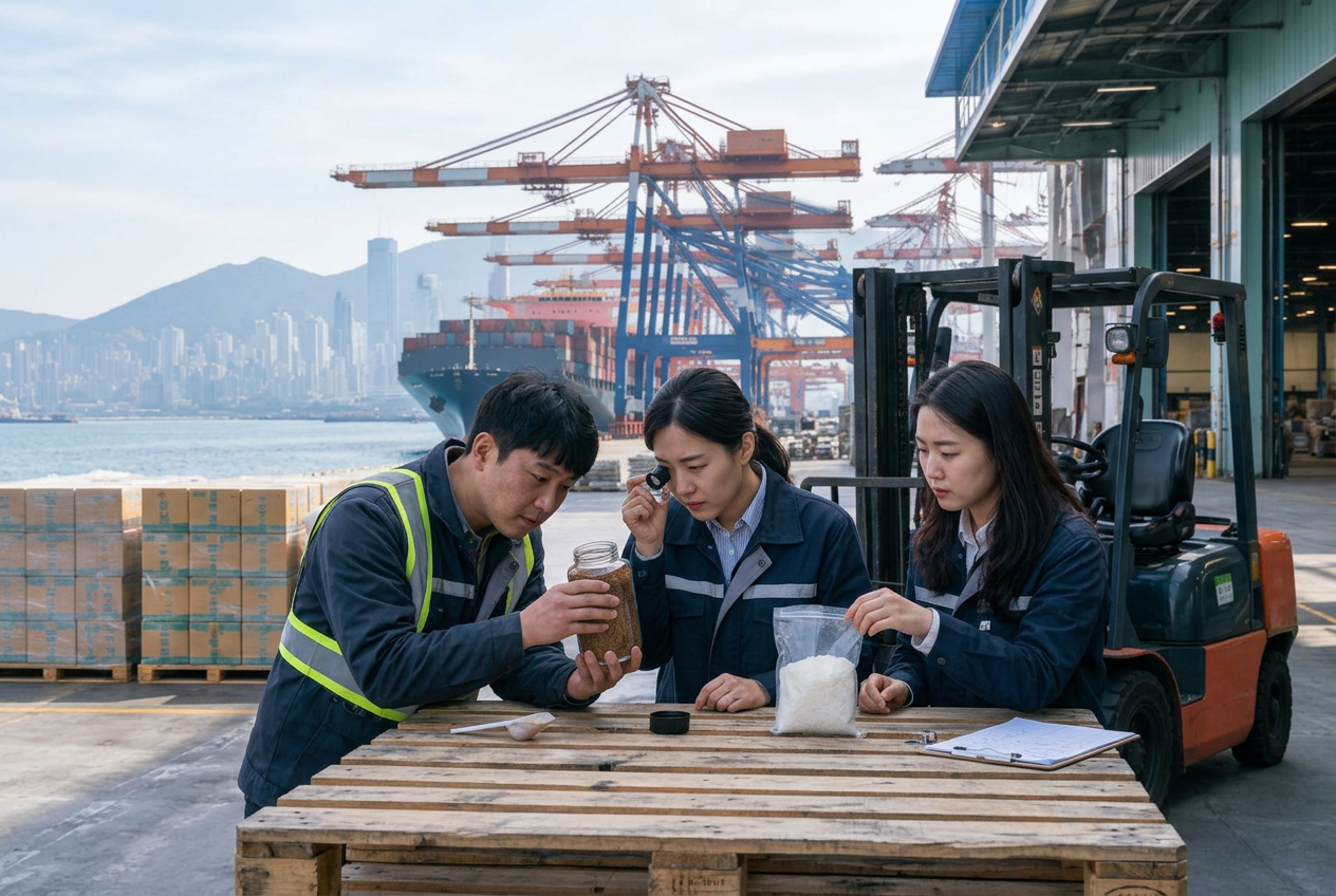 Illustrative import scene: Coffee and coconut cargo received at a Korean port warehouse