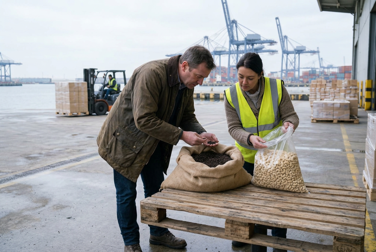 Illustrative import scene: Pepper and cashews unloaded at a British import terminal